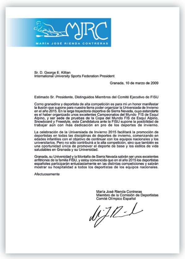 Carta de María José Rienda al presidente de la FISU, 10 de marzo de 2009